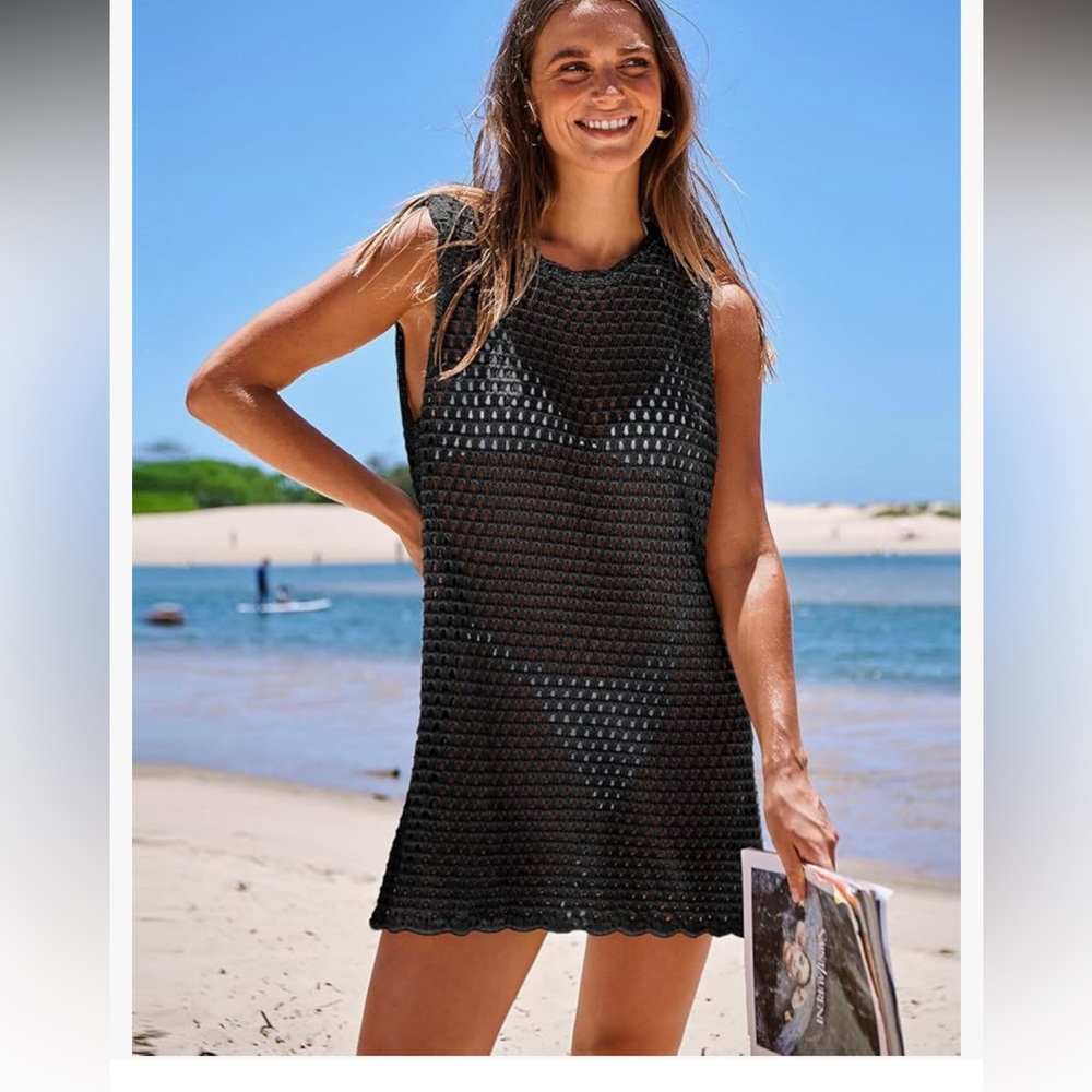 NEW S black ANRABESS Womens Swimsuit Cover Up Sleeveless Knit Crochet Dress